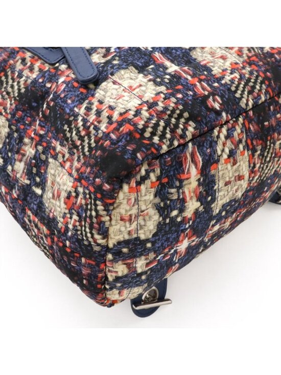 Chanel Tweed Print Chain Shoulder Rucksack Sac Backpack Nylon Blue